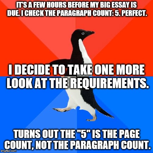 I'm so dead. | IT'S A FEW HOURS BEFORE MY BIG ESSAY IS DUE. I CHECK THE PARAGRAPH COUNT: 5. PERFECT. I DECIDE TO TAKE ONE MORE LOOK AT THE REQUIREMENTS. TURNS OUT THE "5" IS THE PAGE COUNT, NOT THE PARAGRAPH COUNT. | image tagged in memes,socially awesome awkward penguin,school,essay | made w/ Imgflip meme maker