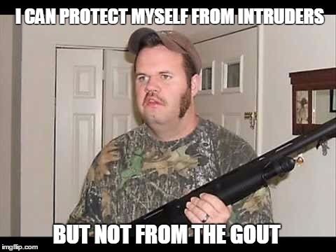 Redneck | I CAN PROTECT MYSELF FROM INTRUDERS; BUT NOT FROM THE GOUT | image tagged in redneck | made w/ Imgflip meme maker