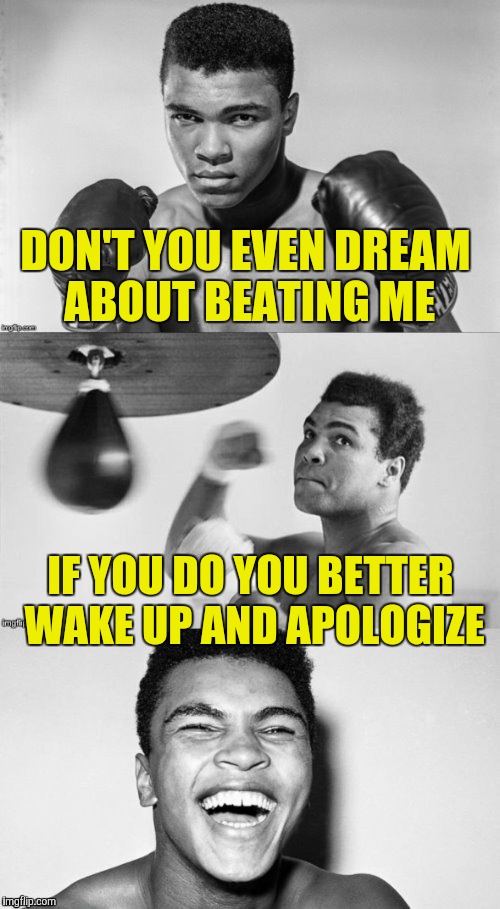 Thanks dashhopes for making this! | DON'T YOU EVEN DREAM ABOUT BEATING ME; IF YOU DO YOU BETTER WAKE UP AND APOLOGIZE | image tagged in ali's pun with punch | made w/ Imgflip meme maker