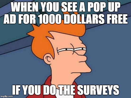 Futurama Fry | WHEN YOU SEE A POP UP AD FOR 1000 DOLLARS FREE; IF YOU DO THE SURVEYS | image tagged in memes,futurama fry | made w/ Imgflip meme maker