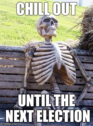 Waiting Skeleton Meme | CHILL OUT; UNTIL THE NEXT ELECTION | image tagged in memes,waiting skeleton | made w/ Imgflip meme maker
