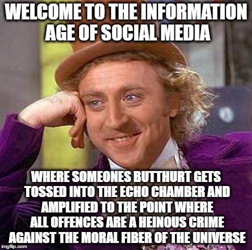 Creepy Condescending Wonka Meme | WELCOME TO THE INFORMATION AGE OF SOCIAL MEDIA WHERE SOMEONES BUTTHURT GETS TOSSED INTO THE ECHO CHAMBER AND AMPLIFIED TO THE POINT WHERE AL | image tagged in memes,creepy condescending wonka | made w/ Imgflip meme maker