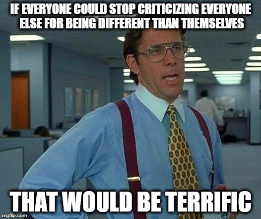 That Would Be Great Meme | IF EVERYONE COULD STOP CRITICIZING EVERYONE ELSE FOR BEING DIFFERENT THAN THEMSELVES THAT WOULD BE TERRIFIC | image tagged in memes,that would be great | made w/ Imgflip meme maker
