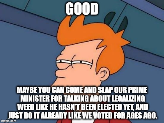 Futurama Fry Reverse | GOOD MAYBE YOU CAN COME AND SLAP OUR PRIME MINISTER FOR TALKING ABOUT LEGALIZING WEED LIKE HE HASN'T BEEN ELECTED YET, AND JUST DO IT ALREAD | image tagged in futurama fry reverse | made w/ Imgflip meme maker