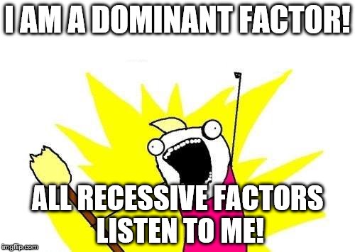 X All The Y Meme | I AM A DOMINANT FACTOR! ALL RECESSIVE FACTORS LISTEN TO ME! | image tagged in memes,x all the y,dominant,recessive,factor | made w/ Imgflip meme maker