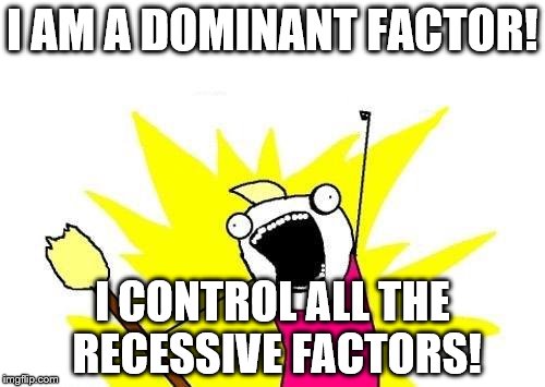 X All The Y Meme | I AM A DOMINANT FACTOR! I CONTROL ALL THE RECESSIVE FACTORS! | image tagged in memes,x all the y,dominant,recessive,factors | made w/ Imgflip meme maker