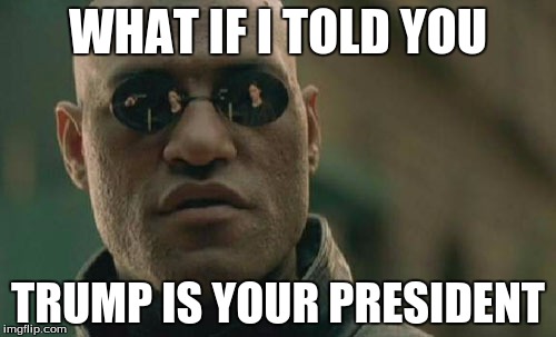 Matrix Morpheus Meme | WHAT IF I TOLD YOU; TRUMP IS YOUR PRESIDENT | image tagged in memes,matrix morpheus | made w/ Imgflip meme maker