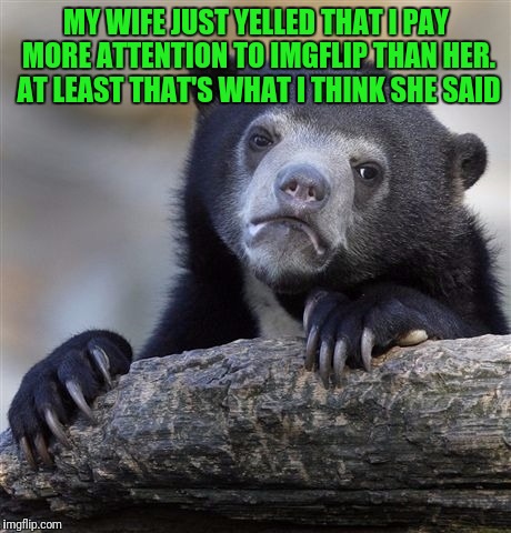 Confession Bear Meme | MY WIFE JUST YELLED THAT I PAY MORE ATTENTION TO IMGFLIP THAN HER. AT LEAST THAT'S WHAT I THINK SHE SAID | image tagged in memes,confession bear | made w/ Imgflip meme maker