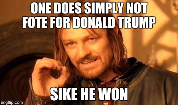 One Does Not Simply Meme | ONE DOES SIMPLY NOT FOTE FOR DONALD TRUMP; SIKE HE WON | image tagged in memes,one does not simply | made w/ Imgflip meme maker