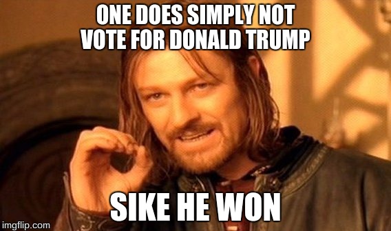 One Does Not Simply Meme | ONE DOES SIMPLY NOT VOTE FOR DONALD TRUMP; SIKE HE WON | image tagged in memes,one does not simply | made w/ Imgflip meme maker