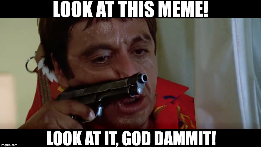 Scarface Look At The Meme | LOOK AT THIS MEME! LOOK AT IT, GOD DAMMIT! | image tagged in gun,look at it | made w/ Imgflip meme maker