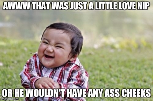 Evil Toddler Meme | AWWW THAT WAS JUST A LITTLE LOVE NIP OR HE WOULDN'T HAVE ANY ASS CHEEKS | image tagged in memes,evil toddler | made w/ Imgflip meme maker
