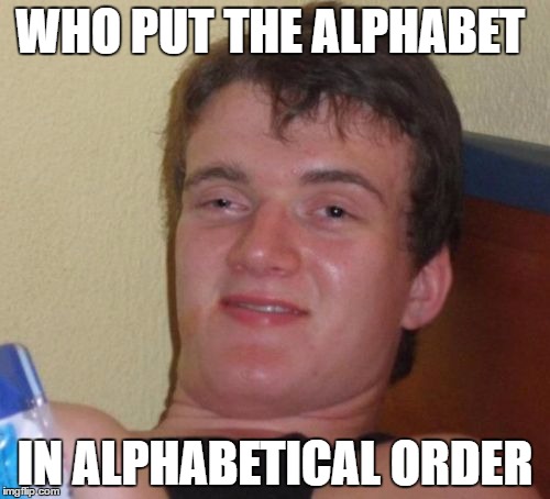 10 Guy Meme | WHO PUT THE ALPHABET; IN ALPHABETICAL ORDER | image tagged in memes,10 guy | made w/ Imgflip meme maker