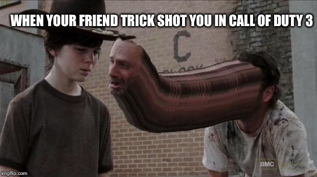 Rick and Carl | WHEN YOUR FRIEND TRICK SHOT YOU IN CALL OF DUTY 3 | image tagged in rick and carl | made w/ Imgflip meme maker