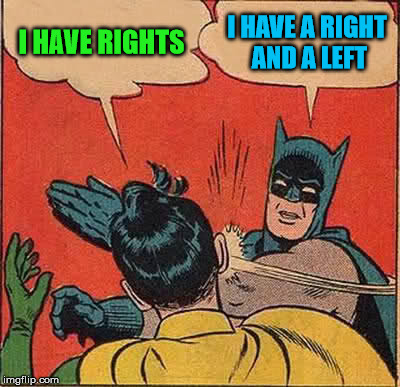 Batman Slapping Robin Meme | I HAVE RIGHTS I HAVE A RIGHT AND A LEFT | image tagged in memes,batman slapping robin | made w/ Imgflip meme maker