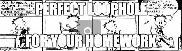 When you find the perfect loophole for your homework | PERFECT LOOPHOLE; FOR YOUR HOMEWORK | image tagged in homework,loopholes,lolz,slacker lol,slacker | made w/ Imgflip meme maker