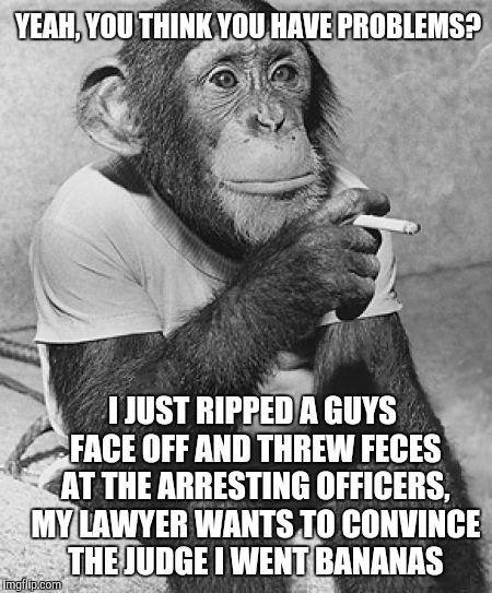 Smoking Chimpanzee | YEAH, YOU THINK YOU HAVE PROBLEMS? I JUST RIPPED A GUYS FACE OFF AND THREW FECES AT THE ARRESTING OFFICERS, MY LAWYER WANTS TO CONVINCE THE JUDGE I WENT BANANAS | image tagged in smoking chimpanzee,memes | made w/ Imgflip meme maker