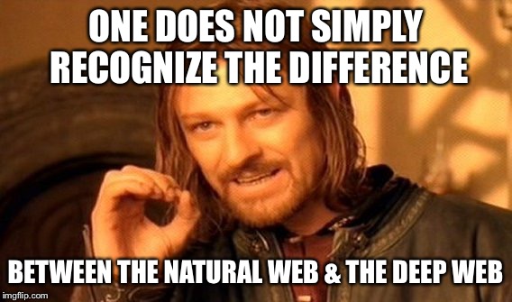 One Does Not Simply Meme | ONE DOES NOT SIMPLY RECOGNIZE THE DIFFERENCE BETWEEN THE NATURAL WEB & THE DEEP WEB | image tagged in memes,one does not simply | made w/ Imgflip meme maker