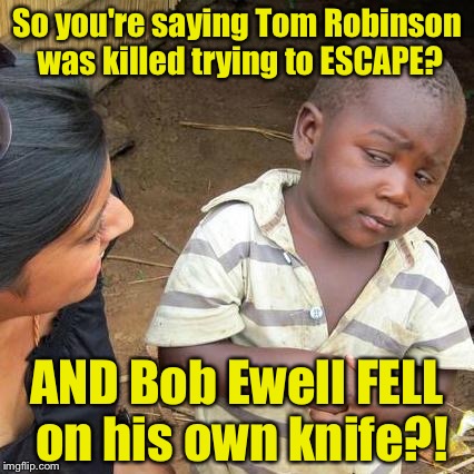 Third World Skeptical Kid Meme | So you're saying Tom Robinson was killed trying to ESCAPE? AND Bob Ewell FELL on his own knife?! | image tagged in memes,third world skeptical kid | made w/ Imgflip meme maker