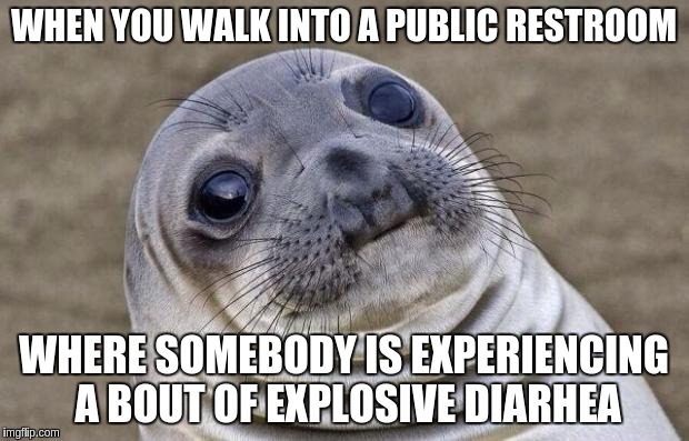 Awkward Moment Sealion | WHEN YOU WALK INTO A PUBLIC RESTROOM; WHERE SOMEBODY IS EXPERIENCING A BOUT OF EXPLOSIVE DIARHEA | image tagged in memes,awkward moment sealion | made w/ Imgflip meme maker