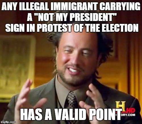 Ancient Aliens | ANY ILLEGAL IMMIGRANT CARRYING A "NOT MY PRESIDENT" SIGN IN PROTEST OF THE ELECTION; HAS A VALID POINT | image tagged in memes,ancient aliens | made w/ Imgflip meme maker