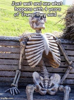 Waiting Skeleton | Just wait and see what happens with 4 years of Trump they said ... | image tagged in memes,waiting skeleton | made w/ Imgflip meme maker