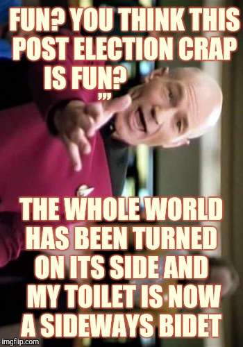 Picard Wtf Meme | FUN? YOU THINK THIS POST ELECTION CRAP IS FUN? THE WHOLE WORLD HAS BEEN TURNED   ON ITS SIDE AND    MY TOILET IS NOW     A SIDEWAYS BIDET ,, | image tagged in memes,picard wtf | made w/ Imgflip meme maker