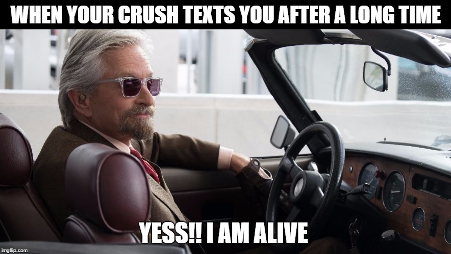 when your crush does not text for a long time | WHEN YOUR CRUSH TEXTS YOU AFTER A LONG TIME; YESS!! I AM ALIVE | image tagged in crush,texts,antman,car | made w/ Imgflip meme maker