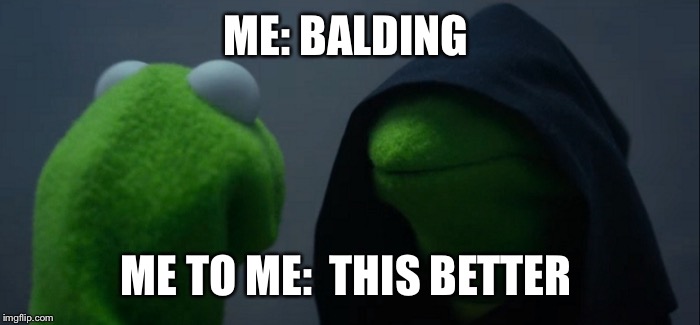 Evil Kermit | ME: BALDING; ME TO ME:  THIS BETTER | image tagged in evil kermit | made w/ Imgflip meme maker
