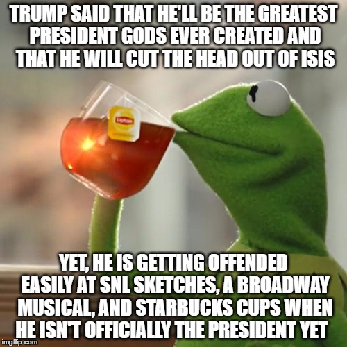 more like make america sensitive again  | TRUMP SAID THAT HE'LL BE THE GREATEST PRESIDENT GODS EVER CREATED AND THAT HE WILL CUT THE HEAD OUT OF ISIS; YET, HE IS GETTING OFFENDED EASILY AT SNL SKETCHES, A BROADWAY MUSICAL, AND STARBUCKS CUPS WHEN HE ISN'T OFFICIALLY THE PRESIDENT YET | image tagged in memes,but thats none of my business,kermit the frog,donald trump,snl,starbucks red cup | made w/ Imgflip meme maker