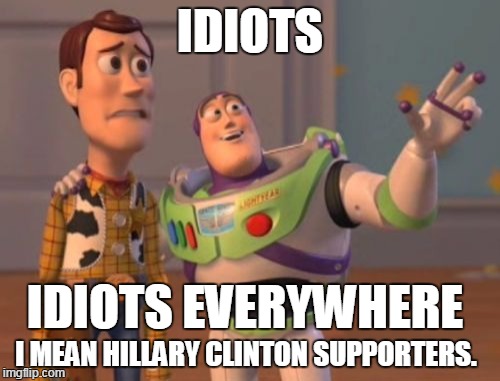 X, X Everywhere | IDIOTS; IDIOTS EVERYWHERE; I MEAN HILLARY CLINTON SUPPORTERS. | image tagged in memes,x x everywhere | made w/ Imgflip meme maker