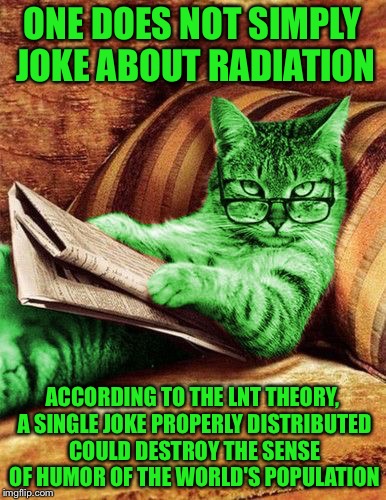 Factual RayCat | ONE DOES NOT SIMPLY JOKE ABOUT RADIATION; ACCORDING TO THE LNT THEORY, A SINGLE JOKE PROPERLY DISTRIBUTED COULD DESTROY THE SENSE OF HUMOR OF THE WORLD'S POPULATION | image tagged in factual raycat,memes | made w/ Imgflip meme maker