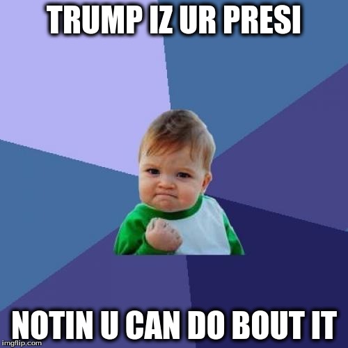 Success Kid | TRUMP IZ UR PRESI; NOTIN U CAN DO BOUT IT | image tagged in memes,success kid | made w/ Imgflip meme maker