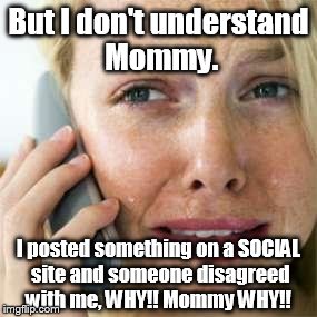 Woman crying on cell | But I don't understand Mommy. I posted something on a SOCIAL site and someone disagreed with me, WHY!! Mommy WHY!! | image tagged in woman crying on cell | made w/ Imgflip meme maker