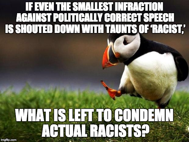 Unpopular Opinion Puffin Meme | IF EVEN THE SMALLEST INFRACTION AGAINST POLITICALLY CORRECT SPEECH IS SHOUTED DOWN WITH TAUNTS OF ‘RACIST,’; WHAT IS LEFT TO CONDEMN ACTUAL RACISTS? | image tagged in memes,unpopular opinion puffin | made w/ Imgflip meme maker