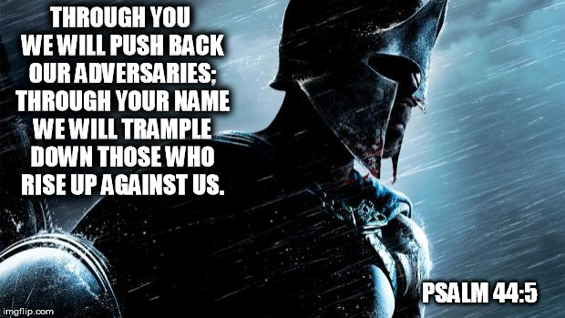 Warrior  | THROUGH YOU WE WILL PUSH BACK OUR ADVERSARIES; THROUGH YOUR NAME WE WILL TRAMPLE DOWN THOSE WHO RISE UP AGAINST US. PSALM 44:5 | image tagged in warrior | made w/ Imgflip meme maker