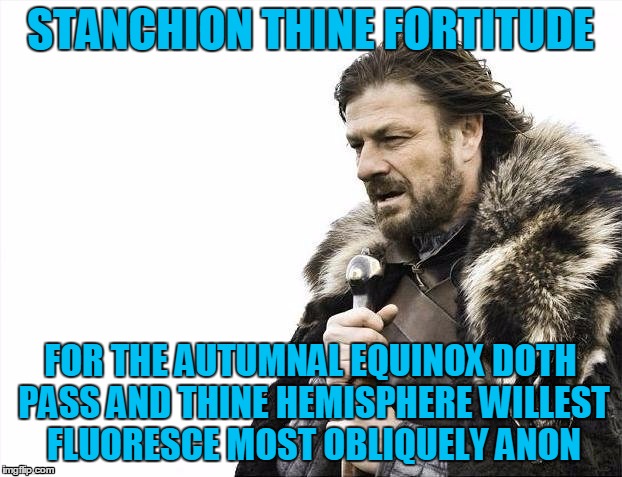 Brace Yourselves X is Coming | STANCHION THINE FORTITUDE; FOR THE AUTUMNAL EQUINOX DOTH PASS AND THINE HEMISPHERE WILLEST FLUORESCE MOST OBLIQUELY ANON | image tagged in memes,brace yourselves x is coming | made w/ Imgflip meme maker