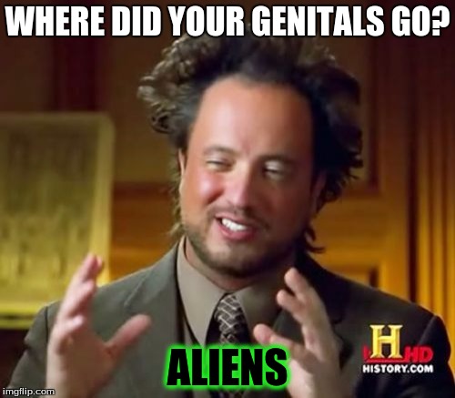 Ancient Aliens | WHERE DID YOUR GENITALS GO? ALIENS | image tagged in memes,ancient aliens | made w/ Imgflip meme maker