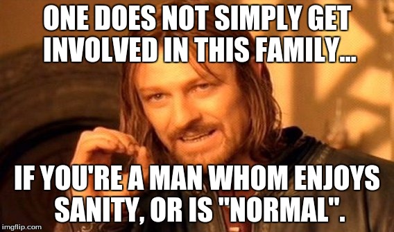One Does Not Simply Meme | ONE DOES NOT SIMPLY GET INVOLVED IN THIS FAMILY... IF YOU'RE A MAN WHOM ENJOYS SANITY, OR IS "NORMAL". | image tagged in memes,one does not simply | made w/ Imgflip meme maker