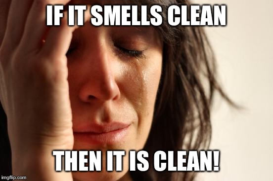 First World Problems Meme | IF IT SMELLS CLEAN THEN IT IS CLEAN! | image tagged in memes,first world problems | made w/ Imgflip meme maker