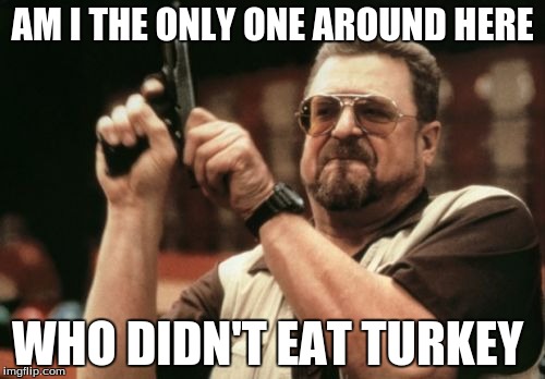 Am I The Only One Around Here Meme | AM I THE ONLY ONE AROUND HERE; WHO DIDN'T EAT TURKEY | image tagged in memes,am i the only one around here | made w/ Imgflip meme maker