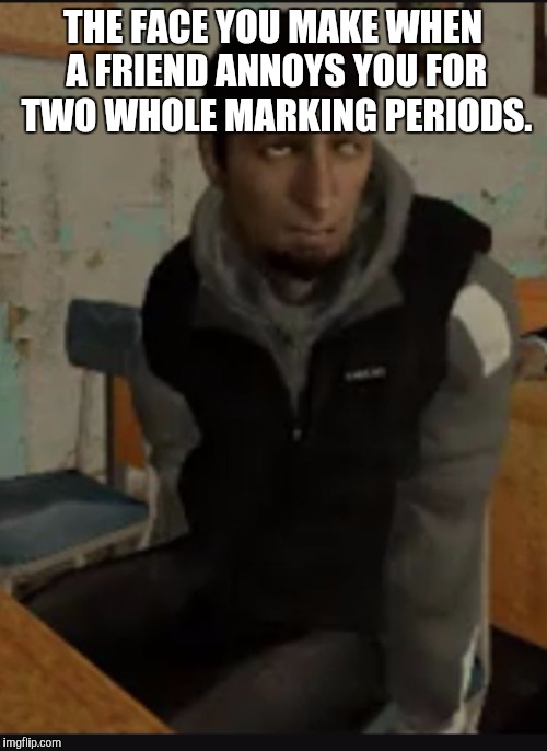 THE FACE YOU MAKE WHEN A FRIEND ANNOYS YOU FOR TWO WHOLE MARKING PERIODS. | image tagged in elliot's face | made w/ Imgflip meme maker