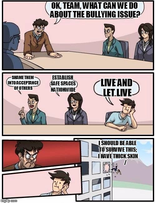 Utopian Mythos | OK, TEAM, WHAT CAN WE DO ABOUT THE BULLYING ISSUE? SHAME THEM INTO ACCEPTANCE OF OTHERS; ESTABLISH SAFE SPACES NATIONWIDE; LIVE AND LET LIVE; I SHOULD BE ABLE TO SURVIVE THIS; I HAVE THICK SKIN                / | image tagged in memes,boardroom meeting suggestion | made w/ Imgflip meme maker