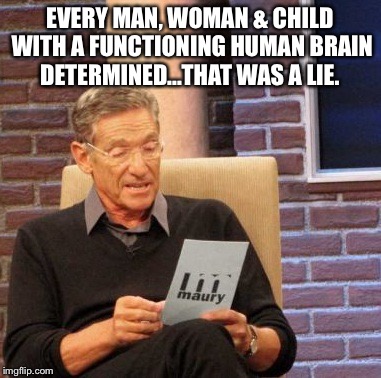 Maury Lie Detector | EVERY MAN, WOMAN & CHILD WITH A FUNCTIONING HUMAN BRAIN DETERMINED...THAT WAS A LIE. | image tagged in maury lie detector,maury,lie detector,braindead | made w/ Imgflip meme maker