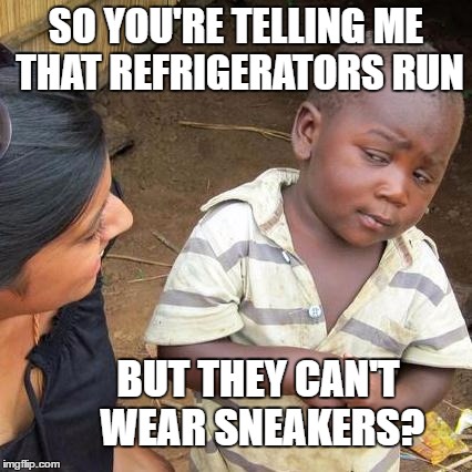 Third World Skeptical Kid Meme | SO YOU'RE TELLING ME THAT REFRIGERATORS RUN BUT THEY CAN'T WEAR SNEAKERS? | image tagged in memes,third world skeptical kid | made w/ Imgflip meme maker