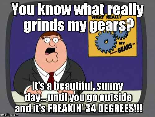 Stupid Michigan! | You know what really grinds my gears? It's a beautiful, sunny day... until you go outside and it's FREAKIN' 34 DEGREES!!! | image tagged in memes,peter griffin news | made w/ Imgflip meme maker