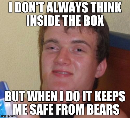 10 Guy Meme | I DON'T ALWAYS THINK INSIDE THE BOX; BUT WHEN I DO IT KEEPS ME SAFE FROM BEARS | image tagged in memes,10 guy | made w/ Imgflip meme maker