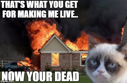 Burn Kitty Meme | THAT'S WHAT YOU GET FOR MAKING ME LIVE.. NOW YOUR DEAD | image tagged in memes,burn kitty,grumpy cat | made w/ Imgflip meme maker