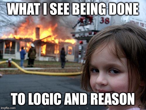 Disaster Girl Meme | WHAT I SEE BEING DONE; TO LOGIC AND REASON | image tagged in memes,disaster girl | made w/ Imgflip meme maker