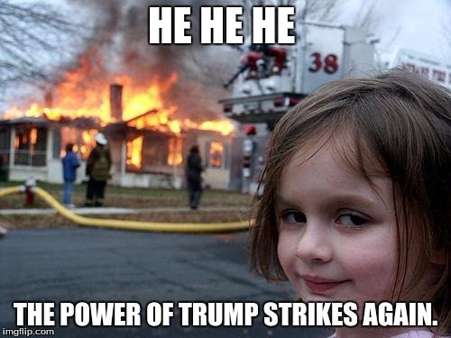 Disaster Girl | HE HE HE; THE POWER OF TRUMP STRIKES AGAIN. | image tagged in memes,disaster girl | made w/ Imgflip meme maker